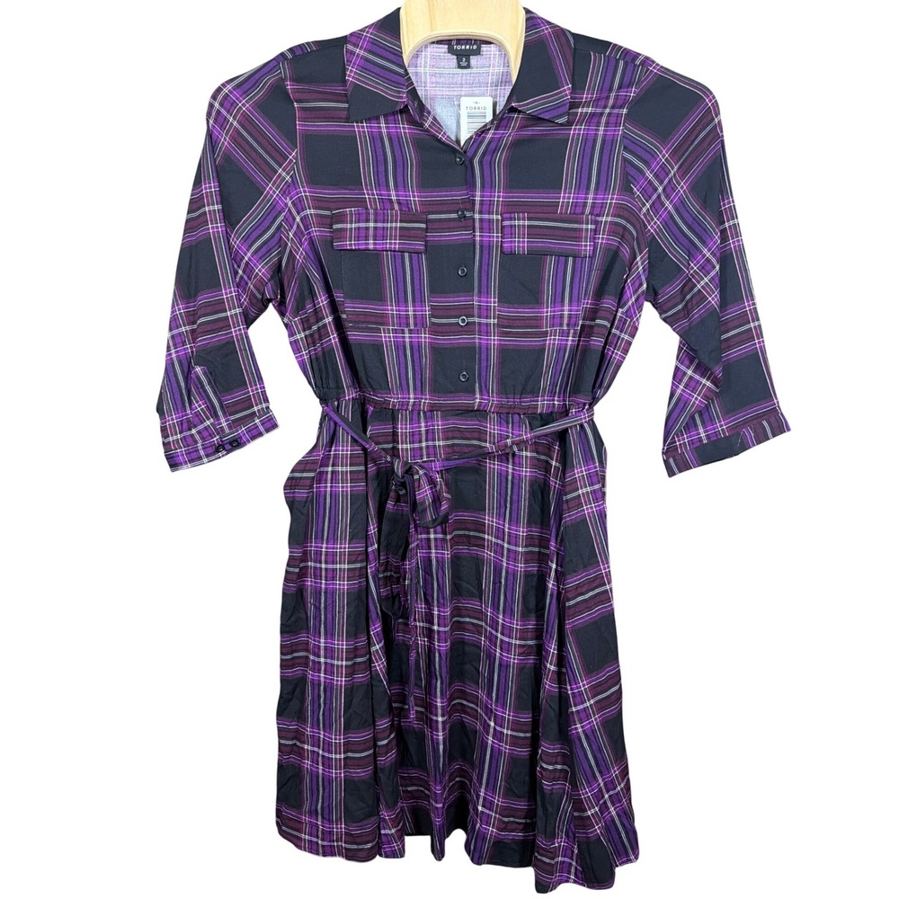 Torrid Shirt Dress Womens 2X Purple Plaid Button Front Waist Tie NEW
